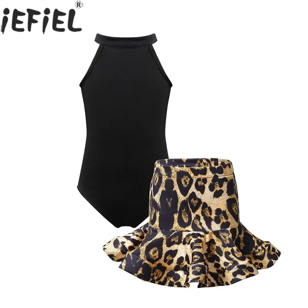 

Kids Girls Ballroom Dance Competition Costumes Latin Dancewear Sleeveless Halter Neck Stretchy Leotard Leopard Printed Skirt Set