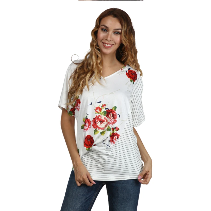 

Fashion Women Summer Loose Floral Printed Stripe Splicing Design Short Sleeve O-neck Casual Shirt Tops Beachwear S-XXL Plus Size