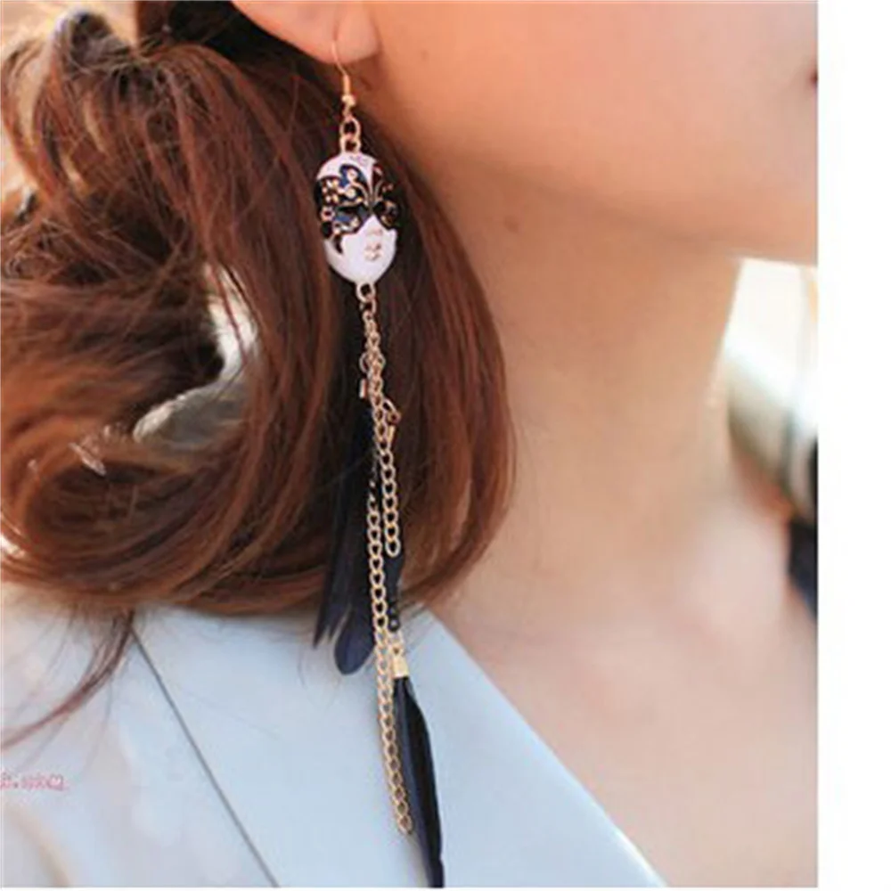 

Богемные Винтажные серьги с кисточками и маской, металлическая цепочка, перо, Висячие для женщин и девушек, Модные индивидуальные серьги с к...