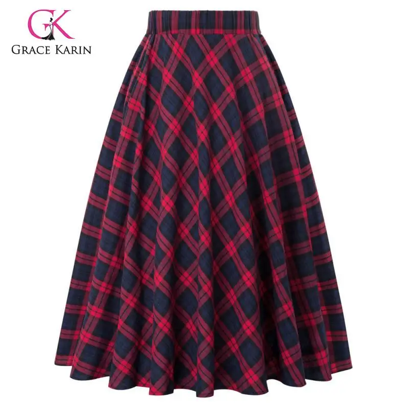 Женская винтажная юбка Grace Karin Классическая клетчатая хлопковая трапециевидная в