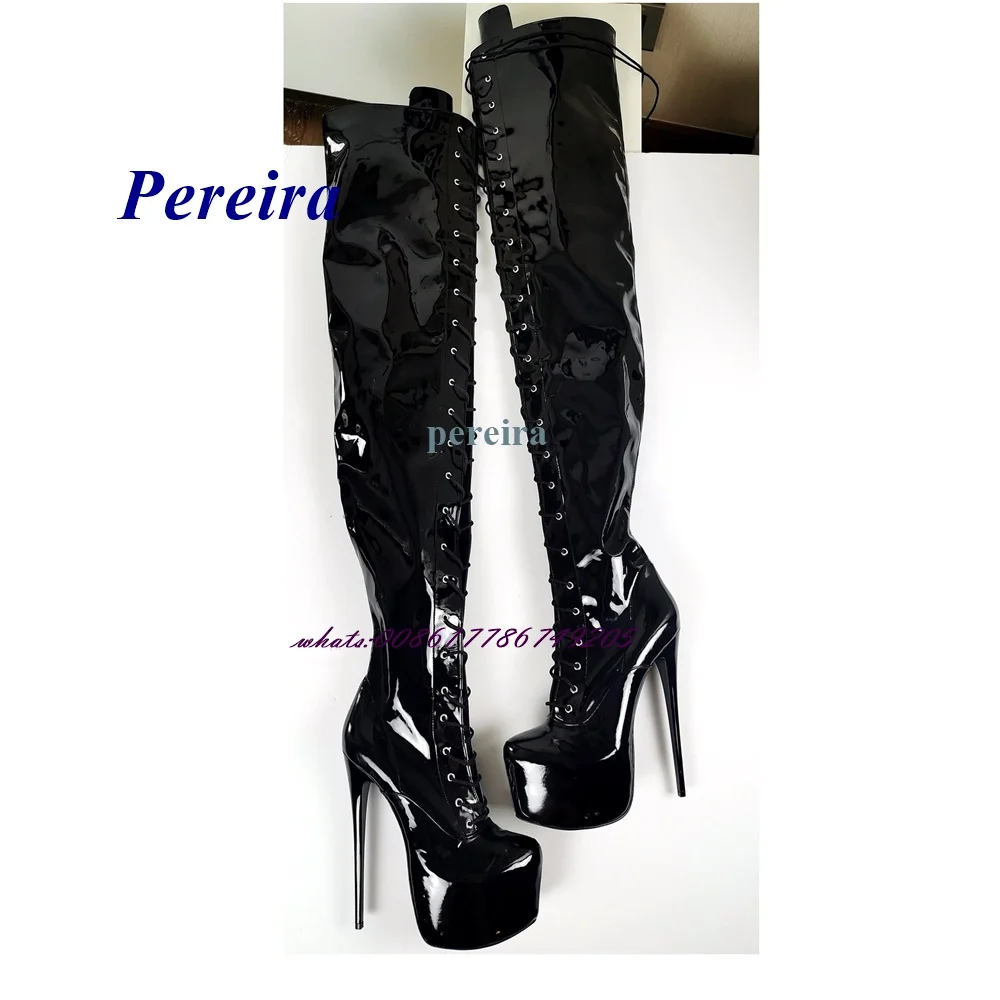 

Pereira Black Glossy Lace Up High Boots Platform Cross Tied High Heel Boots Over The Knee Stiletto Heel Long Boots Newborn Women