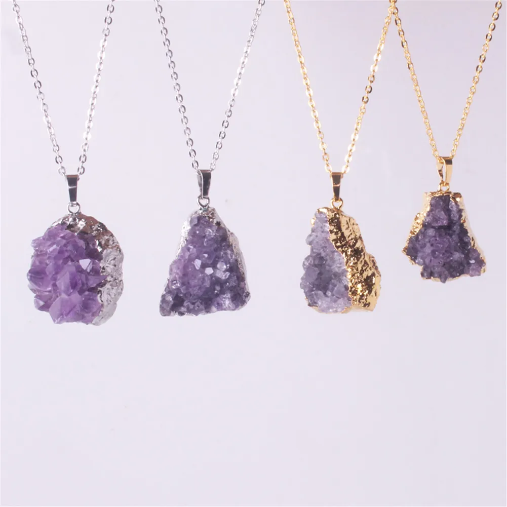 

6PCS Irregular Random Natural Purple Crystal Quartz Geode Stones Amethysts Pendants Necklaces Silver Plated Power Pendulum