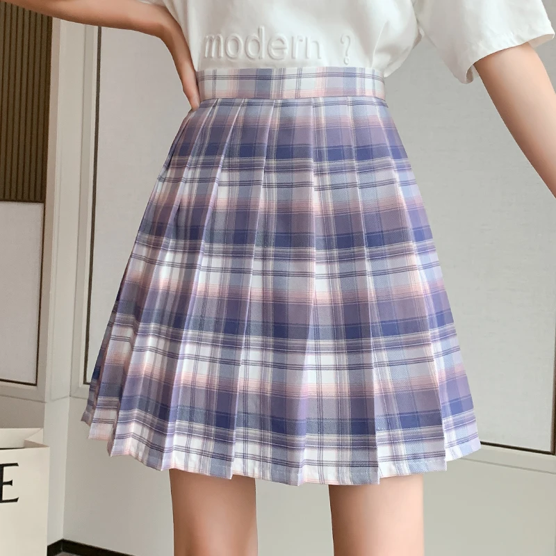 

BETHQUENOY Purple Plaid Skirts Women Midi Jupe Femme Mujer Faldas Woman Skirt Saias Mulher Plisada Spodnica Damska 2021