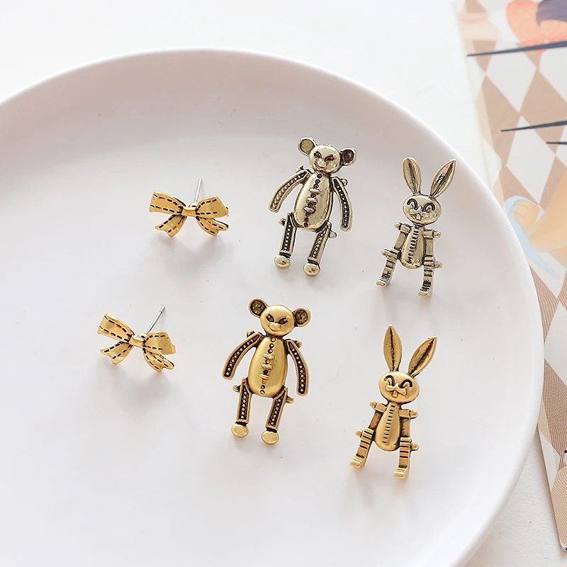 

S925 silver needle rabbit teddy bear bow alloy cute Earrings DIY handmade jewelry earrings material accessories
