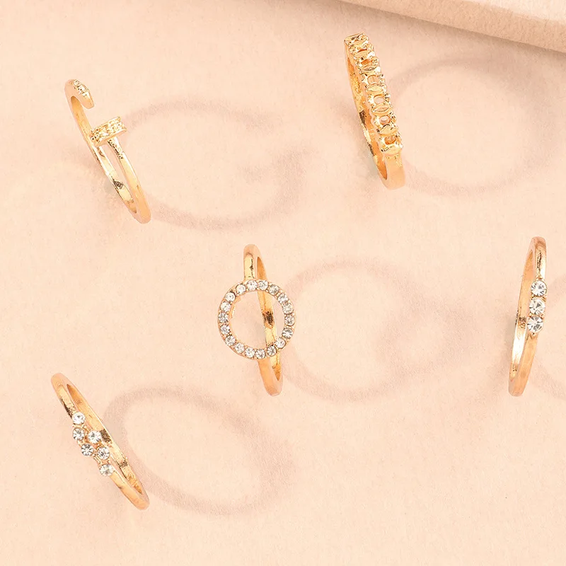 

5Pcs/set Vintage Gold Color Circle Nail Gemstone Rings Sets Women Fashion Luxury Bohemian Finger Ring Set Jewelry Gift for Women