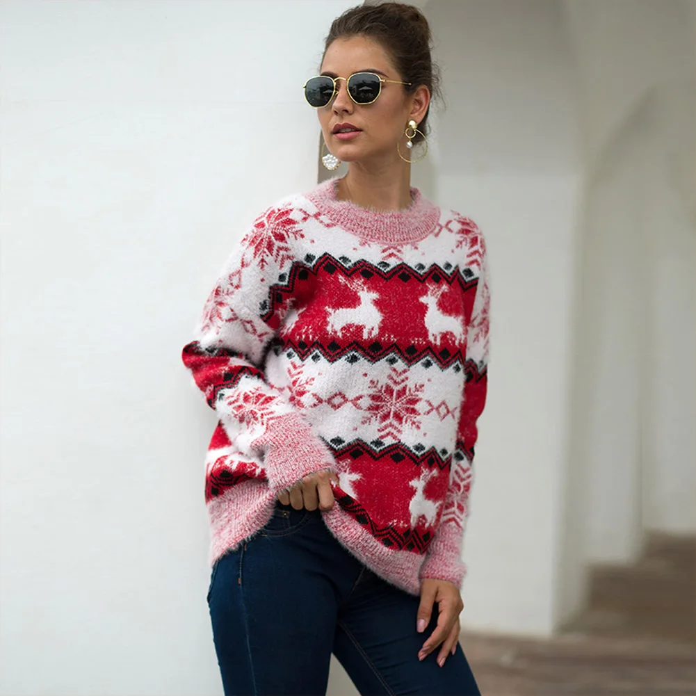 Новинка 2019 свитер с рождественским принтом женский зимний теплый вязаный