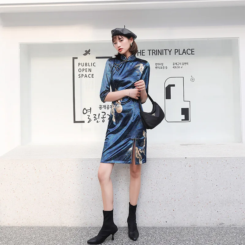 Cheongsam улучшенная версия Осень кран модные молодая девушка студентка платье