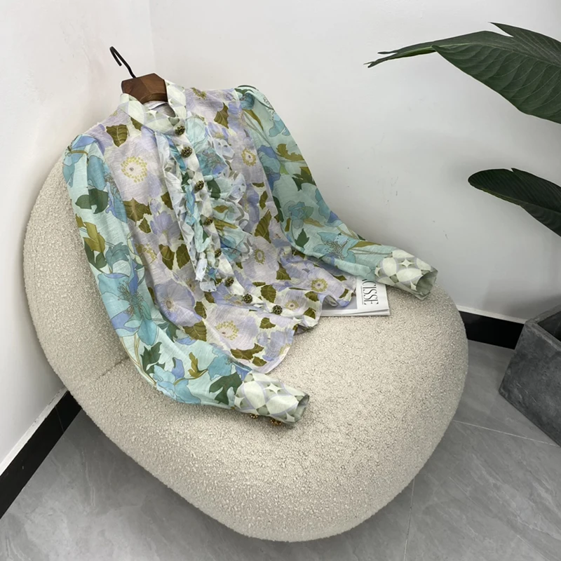 

2021 Top Quality Women Fashion Green Flowers Leaves Print Diomend Button Ruffle Decoration Vintage Blouse Tops