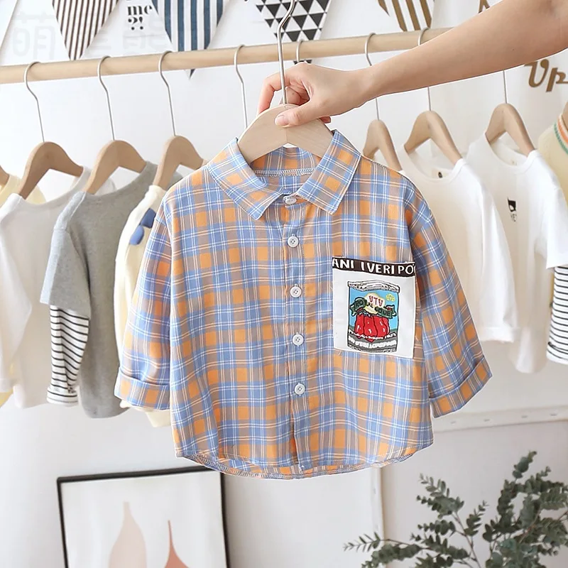 Универсальная детская одежда новый стиль клетчатая рубашка с отложным