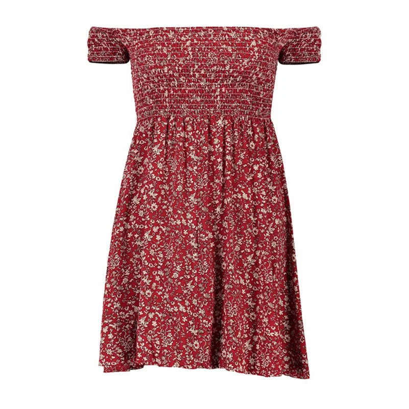 

Summer Waist Off Women Fashion Strapless The Print 2020 Dress Shoulder and Mini Sexy Fit Flare High short sleeve Floral Casual
