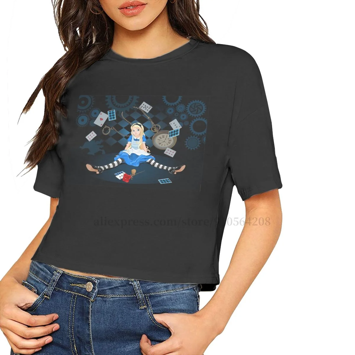 

ZISA Alice In Wonderland Alice Sitting With Flying Cards And Rose Checkered Cartoon T Shirts for Women Short Sleeve Crop Top