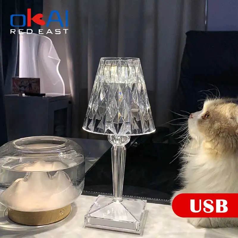 

Алмазная акриловая Настольная лампа с USB, декоративный светильник для бара, спальни, прикроватного столика, кофейного цвета, светодиодные н...