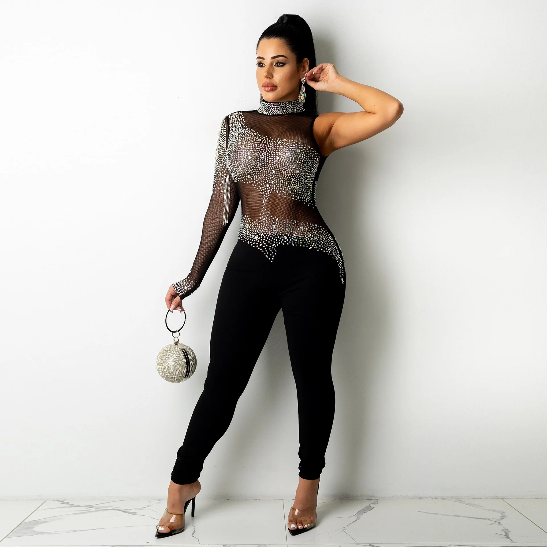 

Sexy Diamonds Bodycon Jumpsuit Women Fitness Mesh Bodysuit Elegant Backless One Shoulder Patchwork Outfits Overalls Party Club