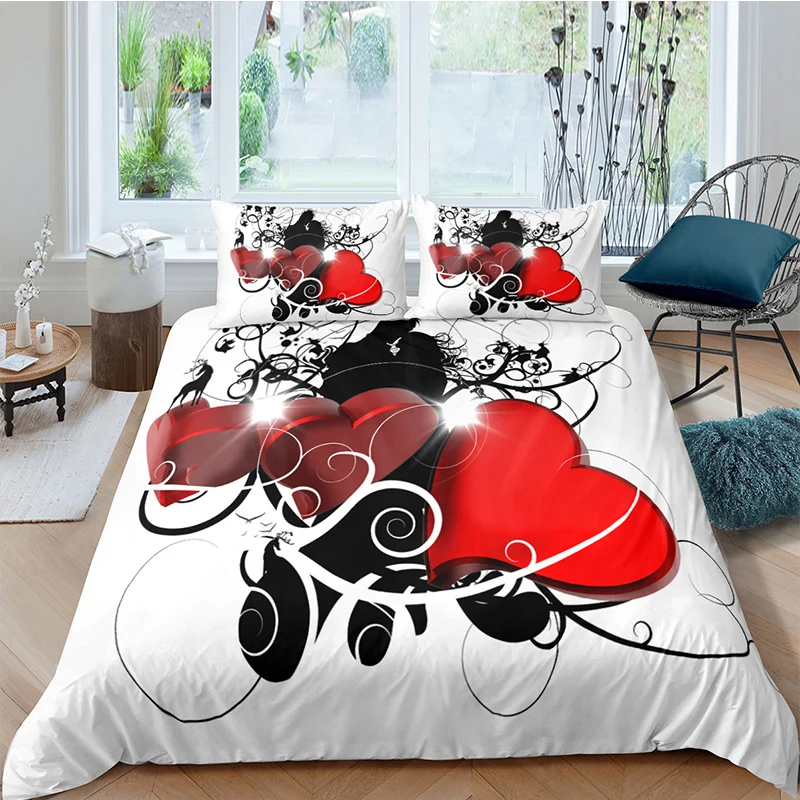 Red Love Heart Print Duvet Cover Sets Nordic Bedding Set Quilt Pillowcase Single Twin Full Queen King Size Bed | Дом и сад