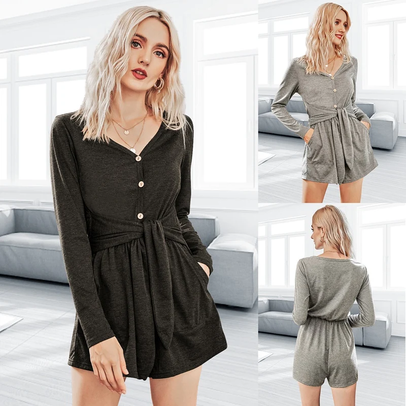 

Women's Casual Button Long Sleeve Belt Jumpsuit