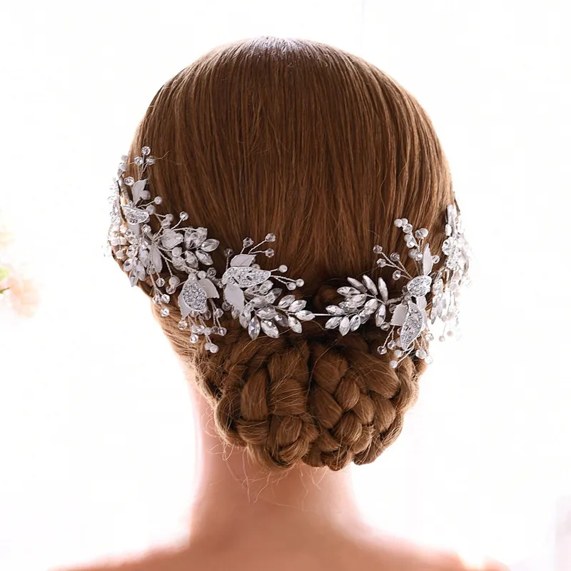 

SLBRIDAL Handmade Silver Color Crystal Rhinestone Pearl Flower Leaf Wedding Tiara Headband Bridal Hair Accessories Women Jewelry