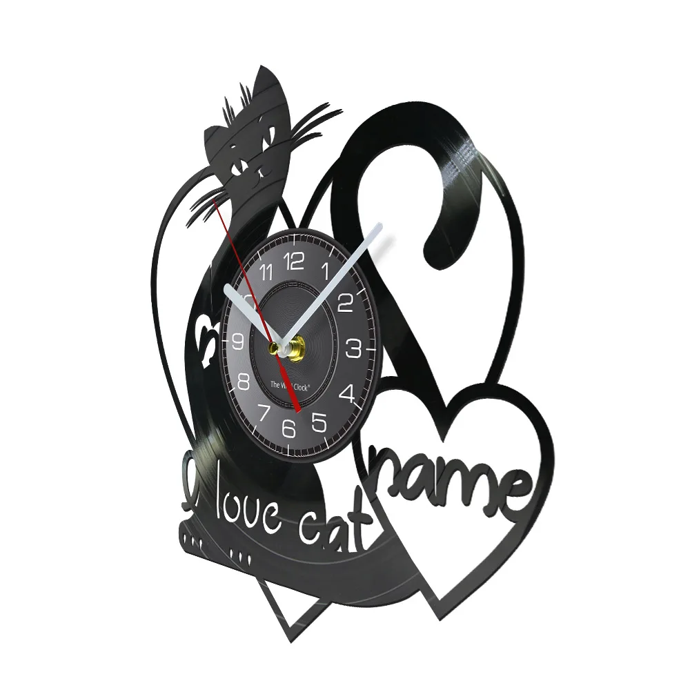 I Love Cat Custom Name Vinyl Record Wall Clock Pet Lovely Kitty Home Decor Meow Kitten Album Personalized Laser Cut Out Watch | Дом и сад