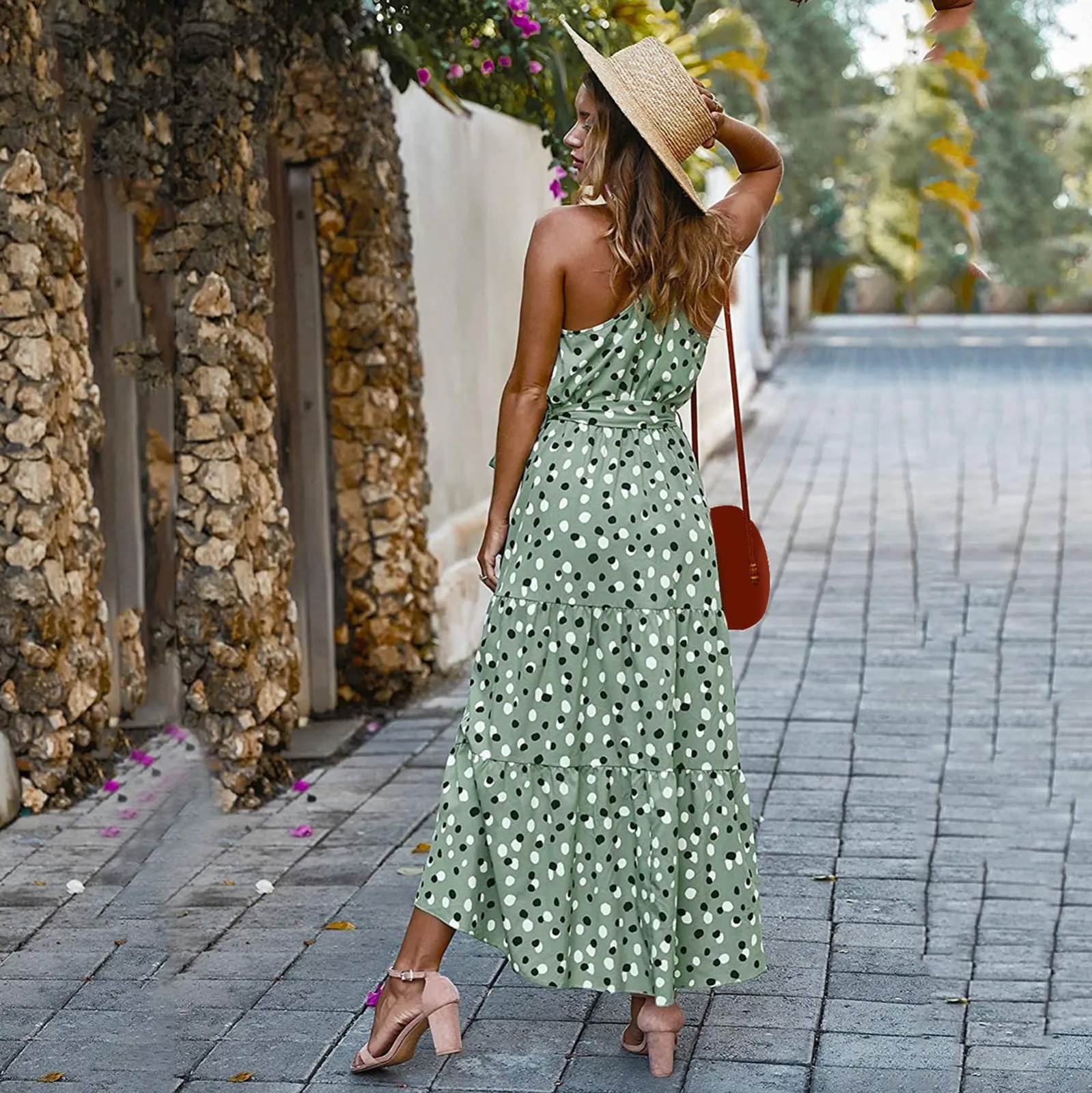 

40# Boho Polka Dot Dress Casual Sleeveless Bandage Mid Length Dresses For Women 2021 Elegant Ruffle Summer Dress Vestidos