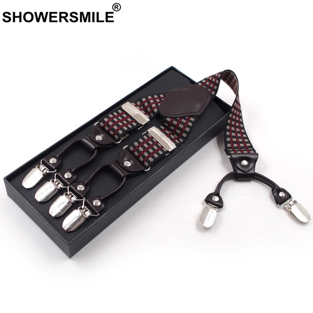 

SHOWERSMILE мужские кожаные подтяжки с 6 клипсами, Мужские штаны на подтяжках в клетку, формальная эластичная Подвеска для взрослых, мужские подт...
