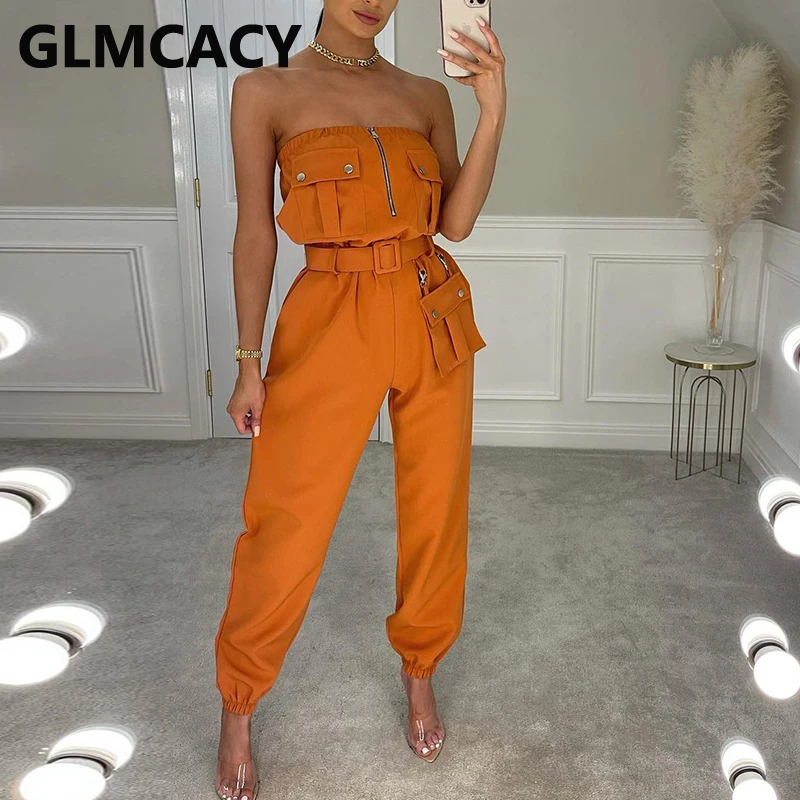 

Women Strapless Pockets Design Solid Casual Jumpsuit
