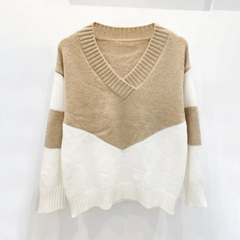 

Women Casual V Neck Loose Knitted Sweater 2021 Autumn Solid Color Patchwork Pullovers Autumn Long Sleeve Streetwear Top Jumpers