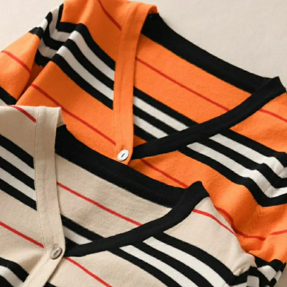 

Autumn and Winter New V-neck Stripe Cardigan Women's Loose Knit Sweater