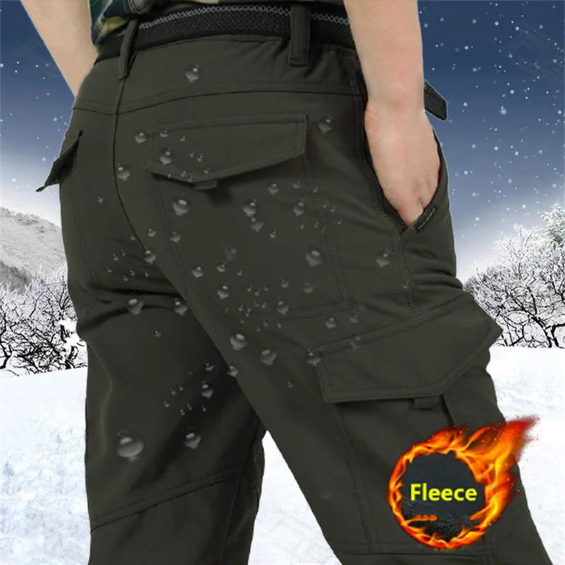 Мужские зимние плотные флисовые теплые Стрейчевые брюки-карго, тактические военные брюки, мягкие водонепроницаемые повседневные брюки ста...