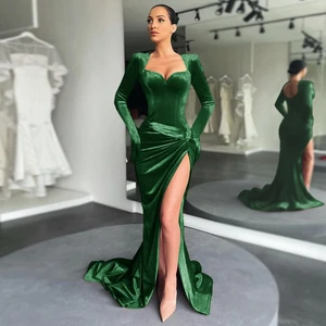 Solid Velvet Long Maxi Dress Woman Padded Shoulder Solid Long Sleeve With Gloves High Slit Floor-Length Evening Party Vestidos
