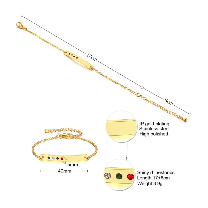 Браслет с гравировкой из камня на день рождения цветной CZ камень нержавеющей