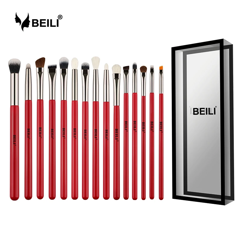 BEILI, красный, 15 шт., набор профессиональных кистей для макияжа, натуральные волосы, тени для век, смешивание бровей, пони, козья щетина, наборы кистей для макияжа