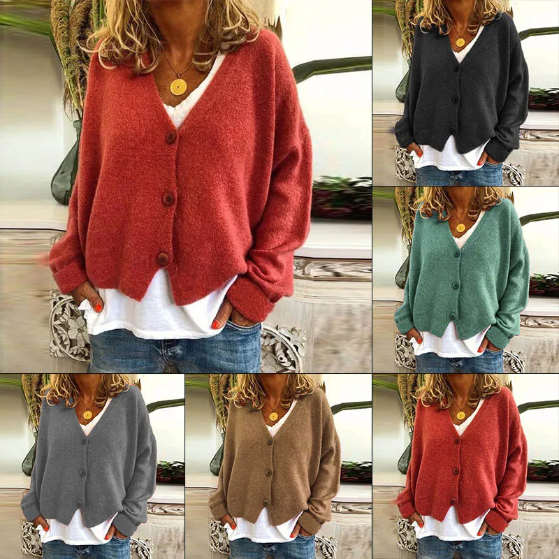 

2020 Winter Solid Color KnittedV Neck Loose Single-breasted Sweater Women Autumn Thin Warm Sweater Jacket Loose Basic Sweater