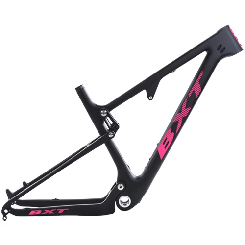 BXT pink logo BXT New Full Suspension Carbon Mountain 29er MTB Bike Frame BSA 142X12mm 148*12mm Suspension Frame Travel 100mm Free Shipping - Цвет: BXT pink logo