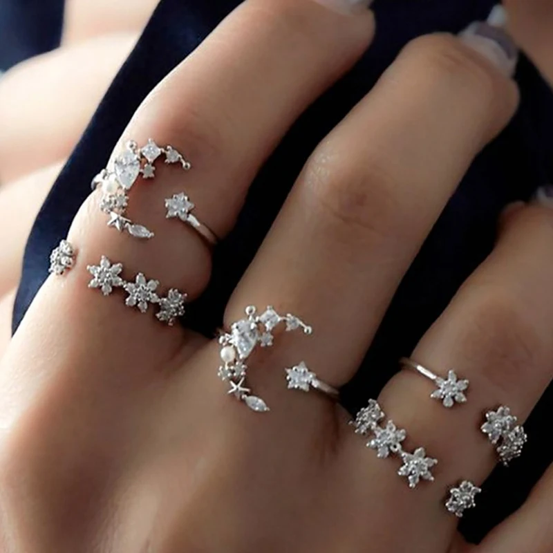 Модные Блестящие кристаллы Луна и звезда кольцо комплект с геометрическим