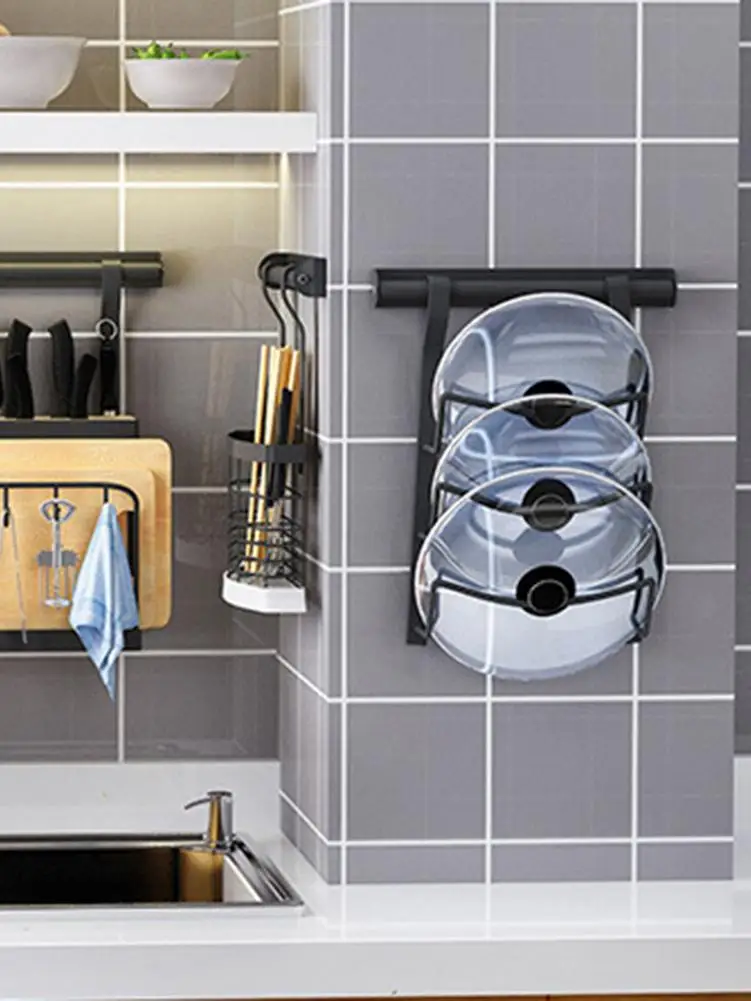 

Pot Lid Rack Wall-mounted Durable Stainless Steel Punch-free Bowl Holder for Kitchen Black #CO