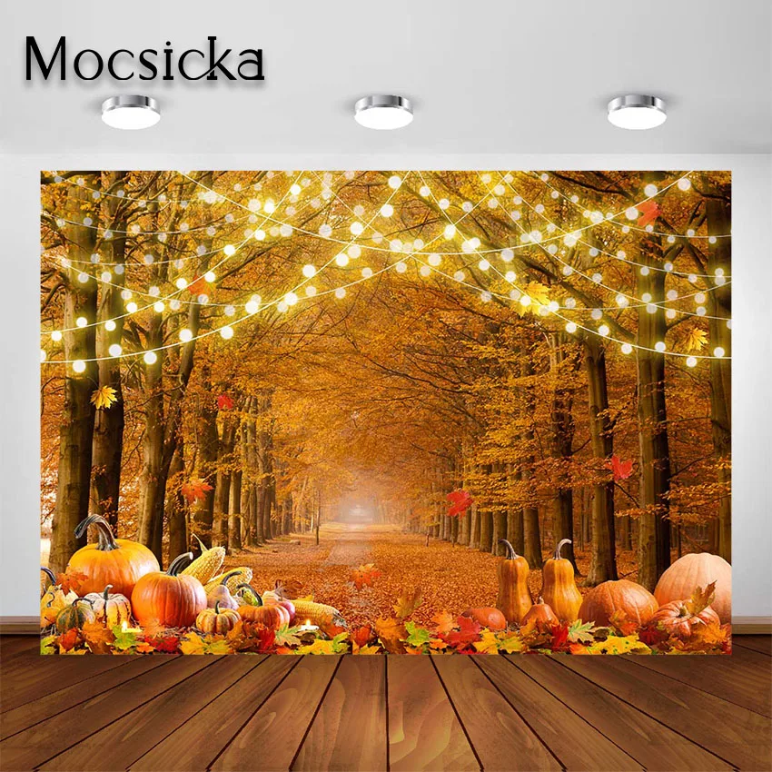 

Mocsicka Fall Photography Backdrop Autumn Maple Forest Leaves Pumpkin Background Thanksgiving Party Decoration Photo Booth