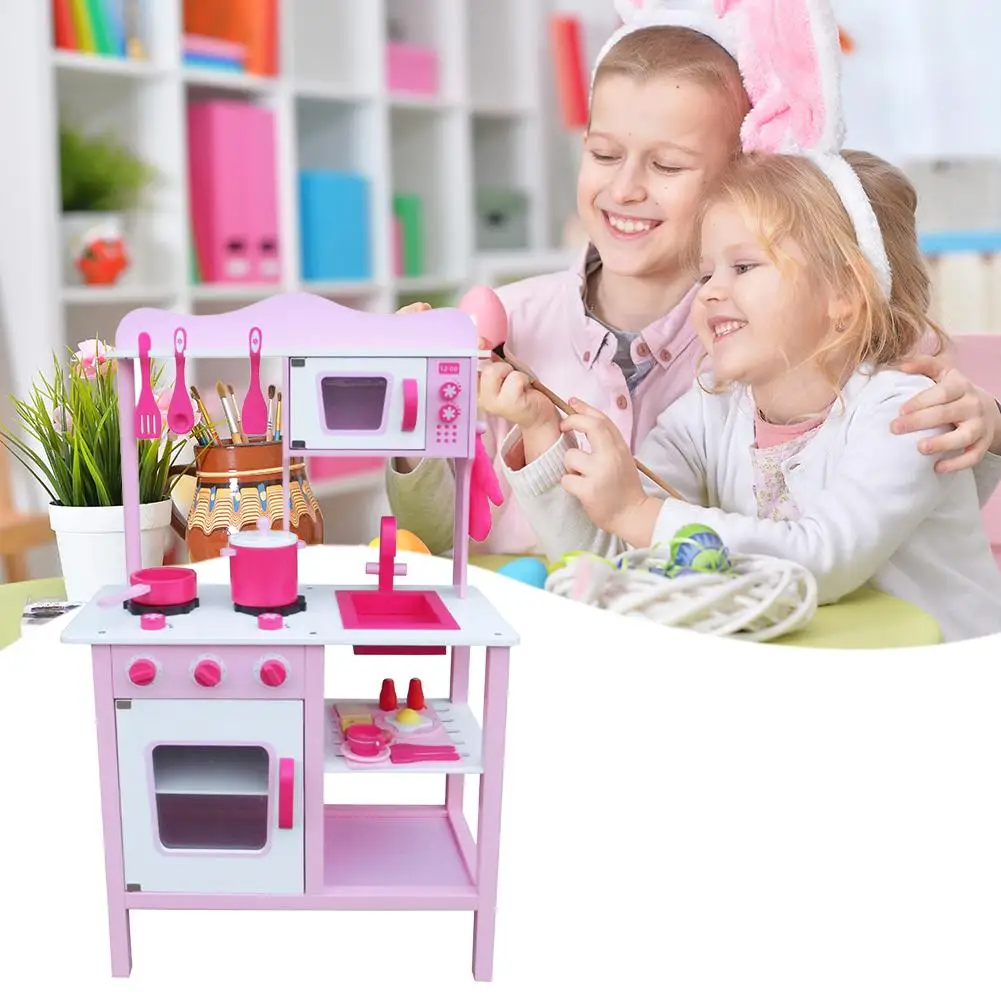 

Kids Pretend Play Wooden Kitchen for Girl Childs Early Learning Cooking Food Playset Pink Toy Pretend Play Simulation Funny Toy