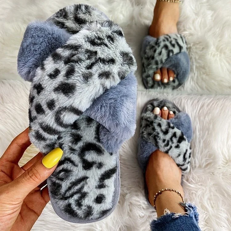 

2020 Fashion Leopard Pattern Winter House Women Fur Slippers Warm Plush Ladies Slip on Shoes Indoor Cross Band Women Fluffy