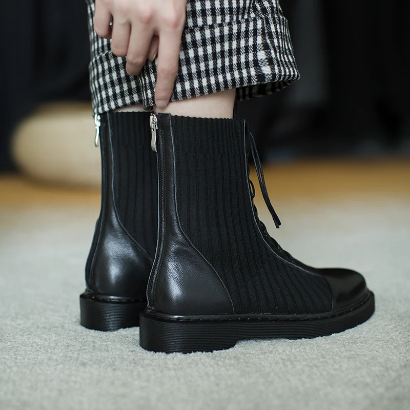 

Genuine Leather Knitting Women Ankle Boots Autumn Winter Short Boots Female Punk low heels Boots Night Club Shoes Woman