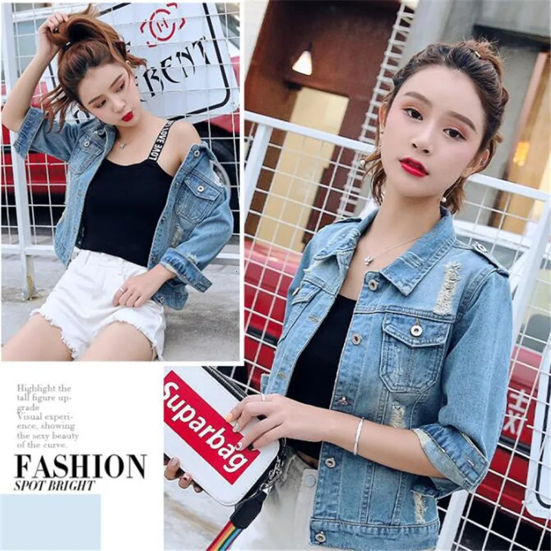 Jeans Jas Vrouwen Casacos Feminino Slim Ripped Gaten Denim Femme Elegante Vintage Bomberjack Basic Jassen |