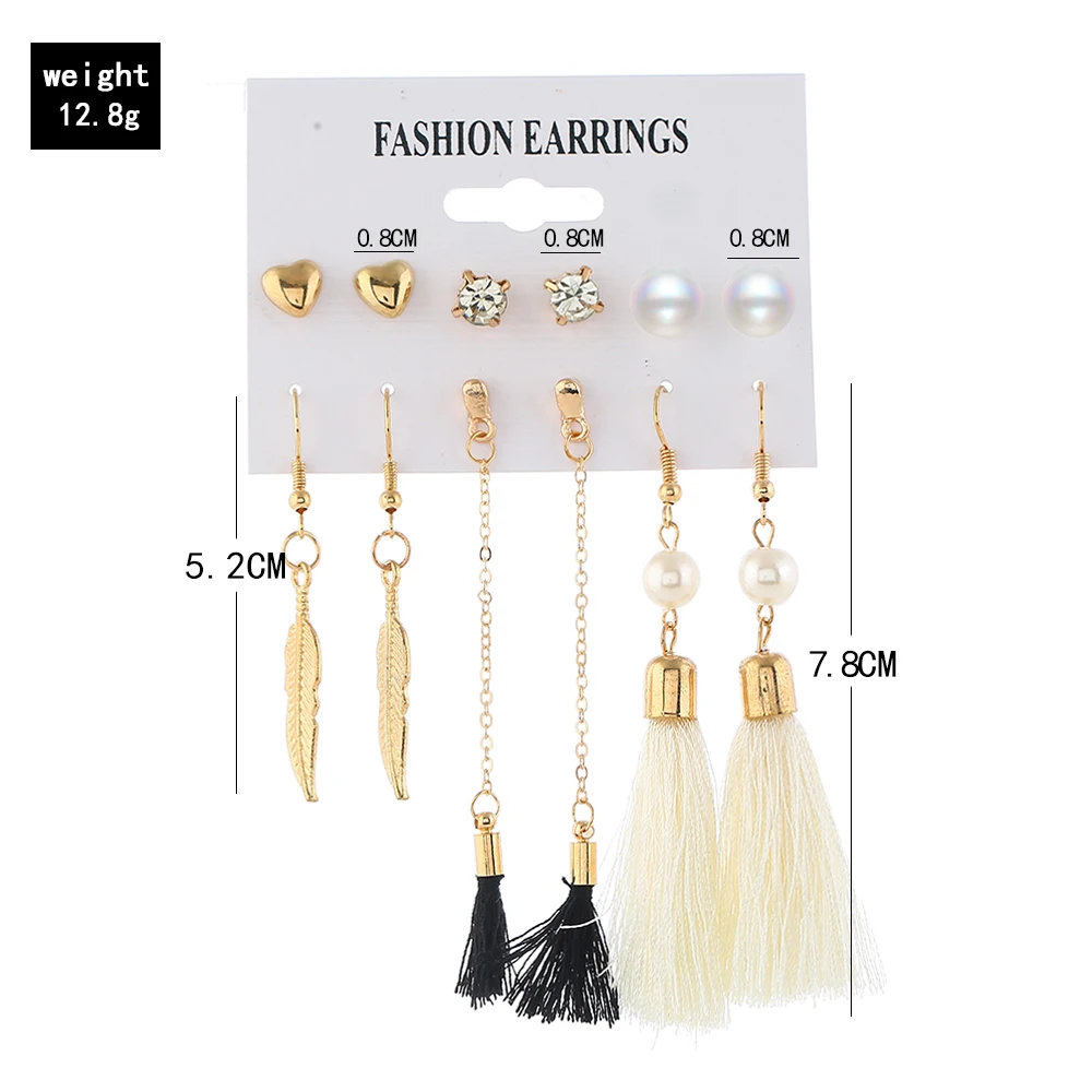 6 Pairs/Lot Imitation Pearl Heart Big Circle Tassel Drop Earrings Set For Women Leaf Flower Elephant Earring Ear Jewelry | Украшения и