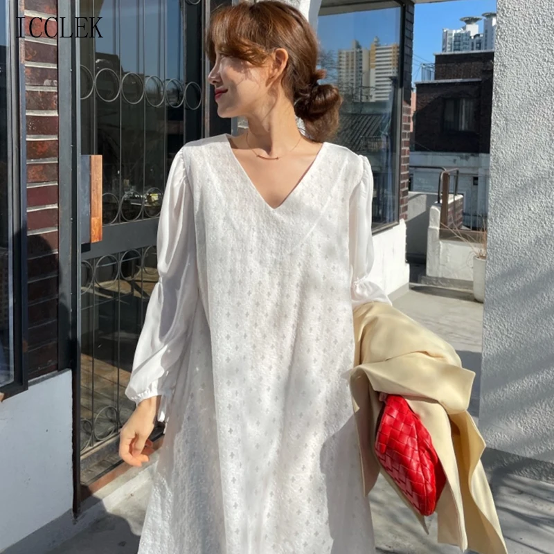 

Korean Fashion One-Piece Long Sleeve Women'S Dress New 2021 Summer Dress Elegant Sweet V-Neck Loose Pullover Office Ladies Dress
