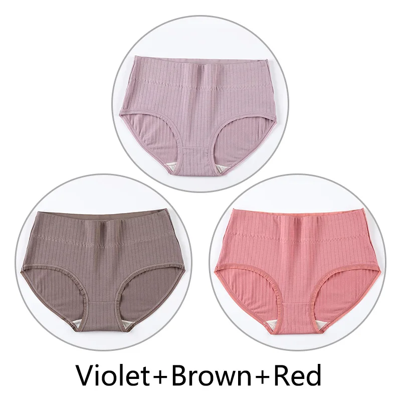 Violet Brown Red 3 шт. Трусики с высокой талией женские Натуральные Шелковые антибактериальные промежности 4XL Большие размеры трусы мягкие дышащие размер плюс нижнее белье бесшовные - Цвет: Violet Brown Red