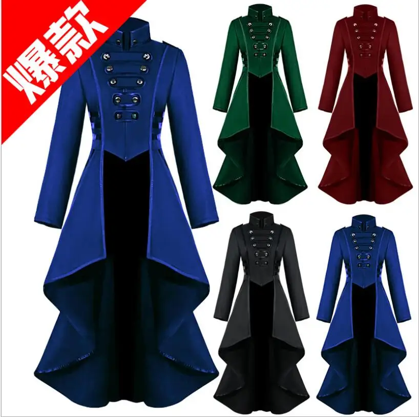 

Women Gothic Steampunk Jacket Buttons Irregular Waist Long Coat Tailed Vintage Turn Down Collar Slim Jacket Costume 4XL