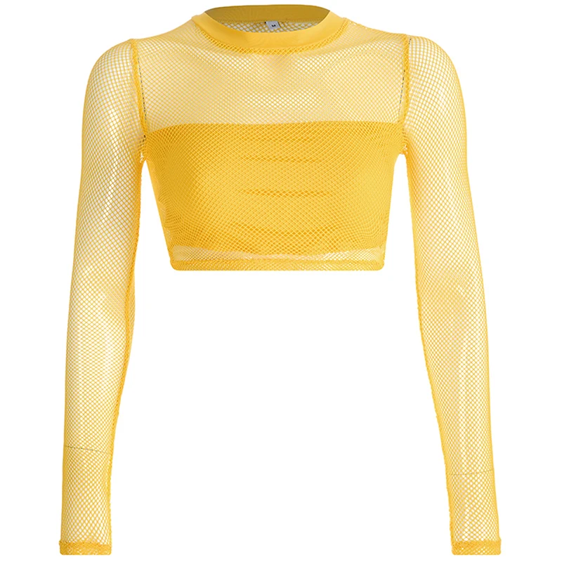 Осенняя Сексуальная флуоресцентная зеленая многоцветная сетчатая пуповина Топы