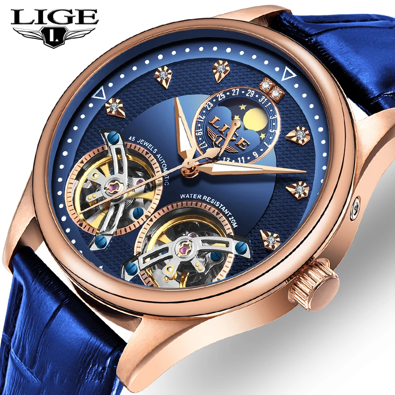 Часы наручные LIGE Мужские автоматические брендовые Роскошные модные спортивные с