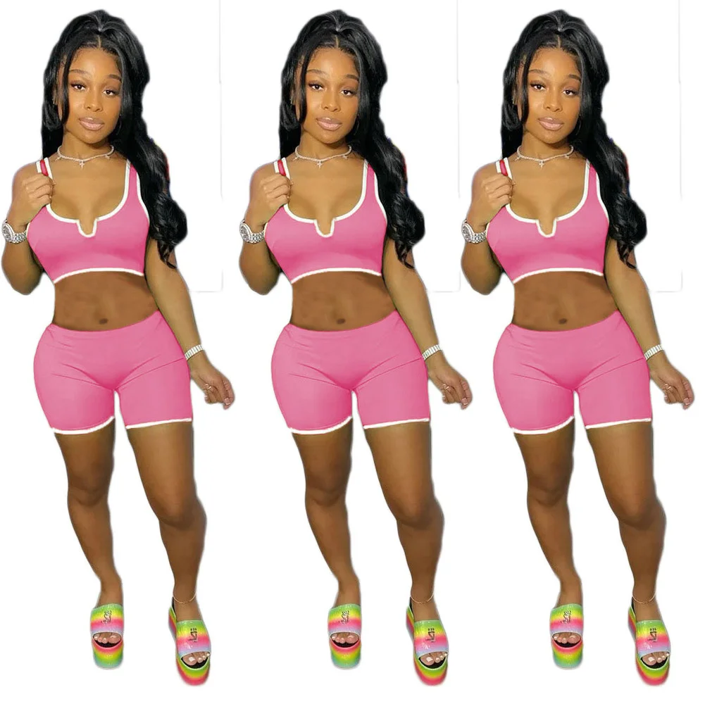 

Activewear Fitness Tracksuit Women's Sets Low Neck Sleeveless Tank Crop Top Sheath Biker Short Summer Sporty Two Piece Outfits
