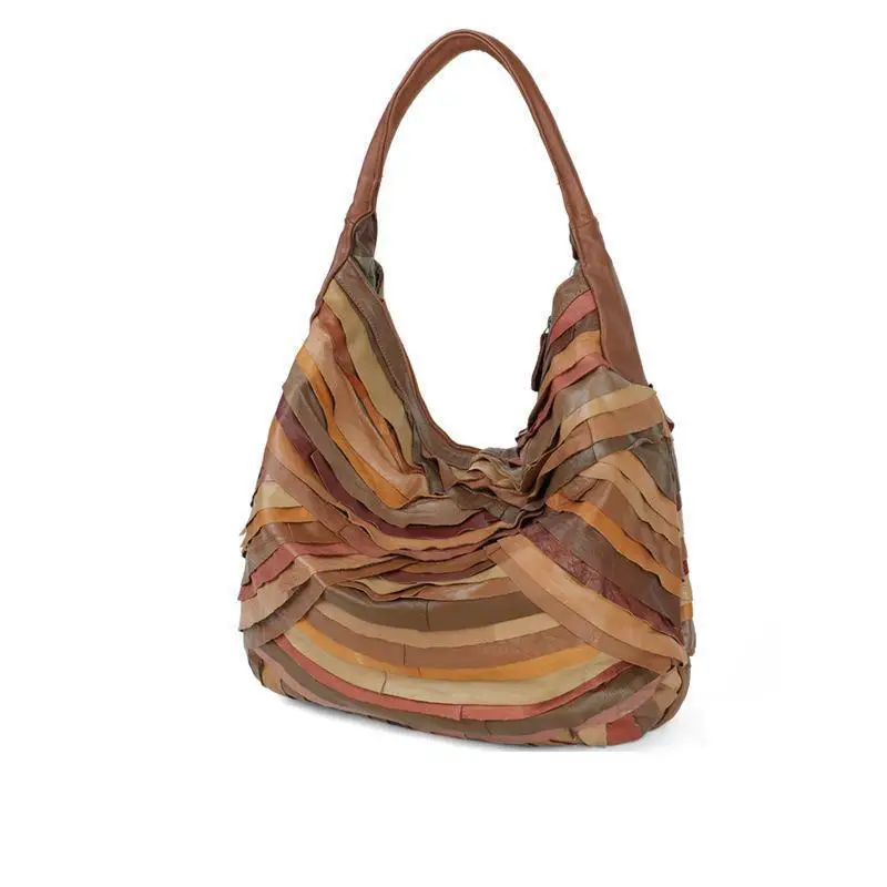 

Bestform Fashion Stitching Genuine Leather Women Bag Leisure Large Capacity Sheepskin Shoulder Bags Striped Luxury Handbag