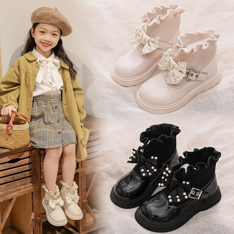 

2021 Autumn And Winter Bow Girls Plush Children Boots Boys Girls Martin Shoes Fashion Brand Soft Leather Warm Kids Boots XZ160