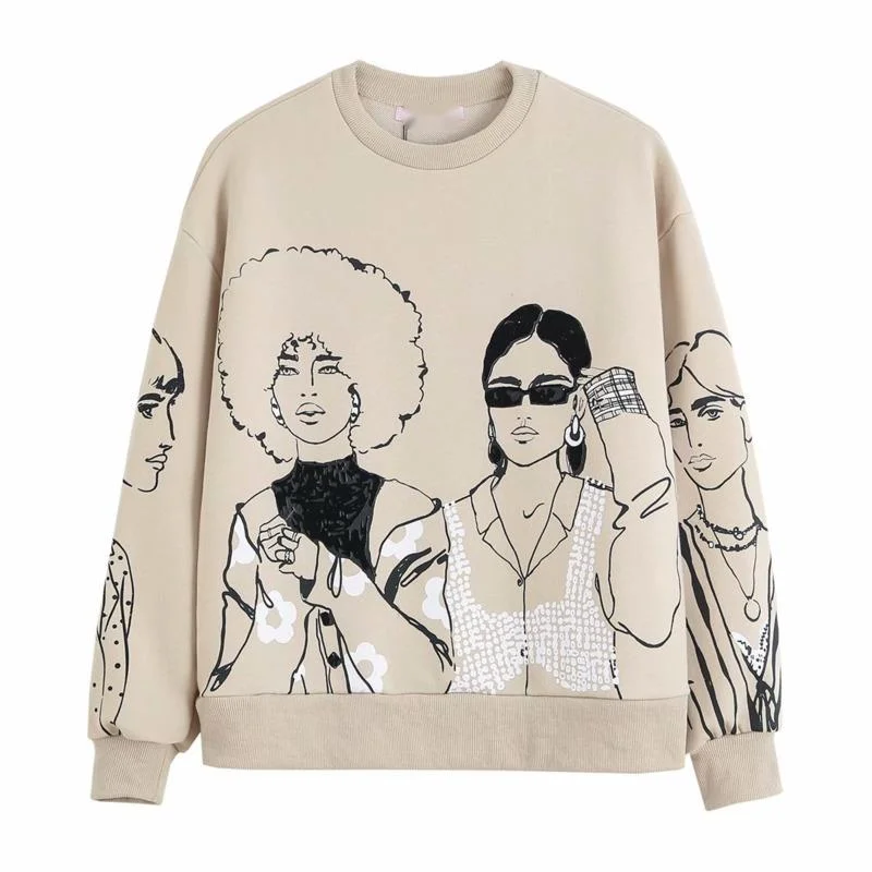 

Spring Autumn New Fashion Fashion Women's Cartoon Printed Girl Casual Round Neck Pullover Long Sleeved Loose Woman Sweatshirts