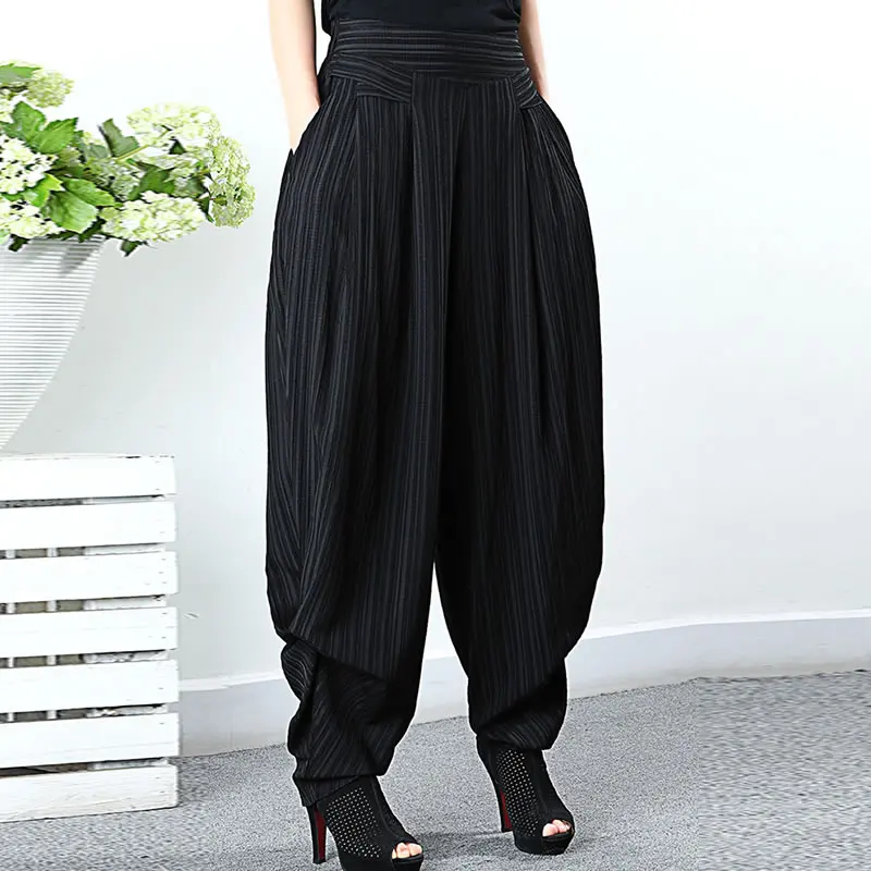 XITAO Pleated Full Length Pants Fashion Striped Elastic Waist Loose 2021 Summer High Waist Minority Harem Pants WLD6392